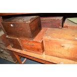 A GEORGIAN OAK BIBLE BOX, two 19th century pine tool chests and another chest (4)