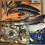 A BOX OF POCKET KNIVES AND KUKRI, and a box of assorted cutlery etc (two boxes)
