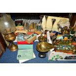 THREE BOXES AND LOOSE SUNDRY ITEMS to include a set of cast iron scales and weights, tin of marbles,