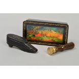 A 20TH CENTURY RUSSIAN PAPIER MACHE LACQUERED BOX, painted with night time landscape with horse