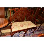 A REPRODUCTION MAHOGANY CHIPPENDALE STYLE TWO SEATER SOFA with gold foliate upholstered drop in seat