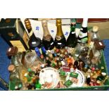 A BOX OF ADVERTISING BREWERY ITEMS, BOTTLES ETC