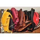 A BOX OF LADIES LEATHER HANDBAGS, BACKPACKS AND SHOULDER BAGS, ETC, including John Lewis