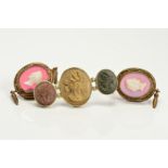 A VICTORIAN LAVA CAMEO BROOCH depicting three maidens in profile, pin and hook catch, together