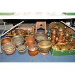 THREE BOXES AND LOOSE COPPER AND BRASS ETC, to include spirit burner, coffee pots, jardinieres,