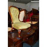 A VICTORIAN WALNUT SPOON BACK BEDROOM CHAIR with scrolled decoration and a 20th Century oak rush