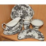 ROYAL CROWN DERBY 'BLACK AVES PLATINUM' TABLEWARES, to include sauce boat and stand, crescent