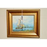 S D NOWACKI, a framed ceramic plaque, handpainted, boating scene, signed bottom right, approximate