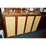 A 19TH CENTURY STAINED OAK CUPBOARD with four painted panelled doors and later formica top, width