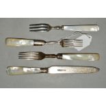 THREE VARIOUS SILVER AND MOTHER OF PEARL HANDLED DESSERT FORKS, together with a similar dessert
