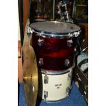 TWO OLYMPIC DRUMS (one with hole in), two Hohner percussion drums, with two Meteor cymbols, two