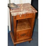 A CARVED OAK POT CUPBOARD with red veined marble top, single drawer and cupboard with ceramic