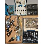 TWO BOXES OF BOXED AND LOOSE CUTLERY AND FLATWARE, cruet items, damaged silver photograph frame, etc