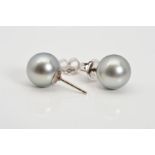 A MODERN PAIR OF TAHITIAN CULTURED PEARL EAR STUDS, light grey in colour, measuring 11.0mm in