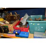 THREE BOXES AND LOOSE TOOLS, HARDWARE AND ACCESORIES including axes, hammers, drill bits, impact