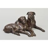 AFTER DORIS LINDNER, a bronzed resin group of two boxers reclining, signed 'D.Linder', approximate