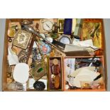 A BOX OF MISCELLANEOUS ITEMS to include a jet brooch, a silver button hook, two silver Albert with
