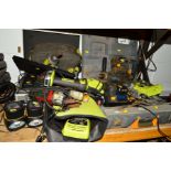 A COLLECTION OF RYOBI TOOLS TO INCLUDE A CASED 24V BATTERY POWERED DRILL WITH BATTERY AND CHARGER,