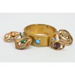 A MIXED COLLECTION to include four Victorian gold plated scroll design brooches, three set with