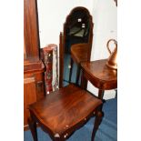 AN EDWARDIAN MAHOGANY CHEVAL MIRROR together with a mahogany occasional table with a single