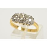 A TRIPLE ROW DIAMOND CLUSTER RING, comprising old single cut and old brilliant cut diamonds,