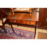 A GEORGIAN MAHOGANY AND STRUNG SIDE TABLE with a single long drawer with turned brass handles on