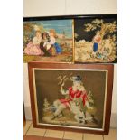 THREE VICTORIAN WOOLWORK PICTURES, the largest depicting a falconer with his hunting dog, framed,