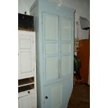 A 19TH CENTURY PAINTED PINE PANELLED TWO DOOR CUPBOARD above a single cupboard door section, width