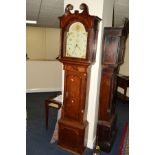 A GEORGE III OAK, MAHOGANY BANDED AND SATINWOOD INLAID 30 HOUR LONGCASE CLOCK, the hood with a
