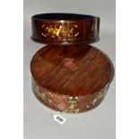 A CIRCULAR ROSEWOOD BOX, the sides of both the pull off cover and base inlaid with mother of pearl