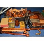 TWO BOXES AND LOOSE WALKING STICKS, WOODEN ITEMS, TINS ETC, to include various boxes, animals etc,