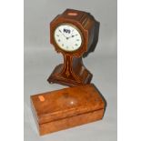 AN EDWARDIAN MAHOGANY AND INLAID MANTEL CLOCK, the case of shaped square form with a concave