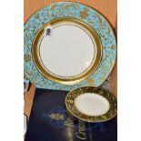 TWO ROYAL CROWN DERBY PLATES, to include 'Regency' A1356, light blue band with gilt decoration,