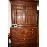 A GEORGIAN MAHOGANY AND BANDED ASTRAGAL GLAZED DOUBLE DOOR SECRETAIRE BOOKCASE, the top with an