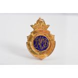 A 9CT GOLD MASONIC SHIELD FOB, enamelled to the front with scroll in initials, by Bros of the