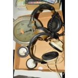 A ROTOTHERM THERMOMETER, two small amp meters and two pairs of headphones (Realistic Tandy 40 and