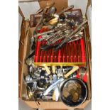 A BOX OF BOXED AND LOOSE CUTLERY AND FLATWARE etc, including a small quantity of copper items