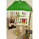 A 1950'S TWO STOREY DOLLS HOUSE, approximate length 46cm, length 42cm, together with two