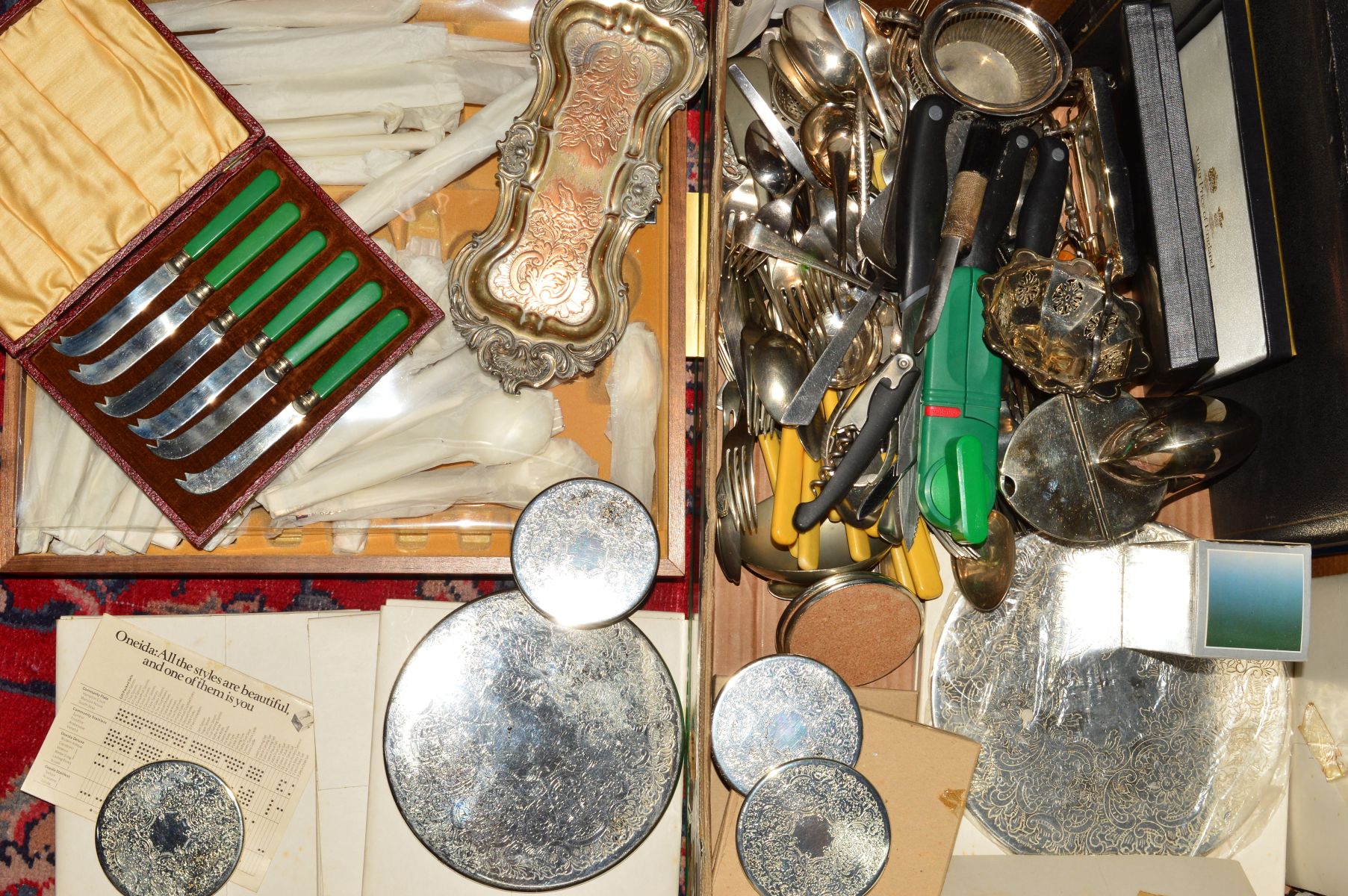 A BOX OF BOXED AND LOOSE CUTLERY etc, including Arthur Price, Community Plate, etc