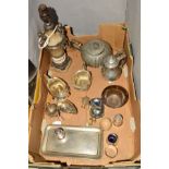 A BOX OF SILVER PLATE AND OTHER METALWARES, etc, including tea wares, napkin rings, cruet items