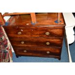 A GEORGIAN OAK MAHOGANY AND BANDED CHEST OF THREE GRADUATING DRAWERS with a brushing slide, on small