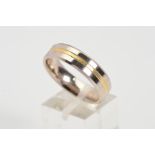 A MODERN 18CT YELLOW AND WHITE GOLD WEDDING BAND, flat cross section, measuring approximately 6.