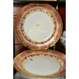 TWO ROYAL CROWN DERBY CIRCULAR CHARGERS (CHOP DISHES) A1359 'Heritage' pattern pink and lilac