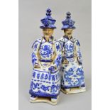 TWO CHINESE PORCELAIN SEATED EMPERORS, blue and white decoration, impressed nine character backstamp