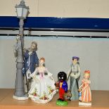 FIVE VARIOUS FIGURES, to include Lladro 'Lamplighter' No 5205, height 47.5cm (hand and lighter