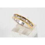 A MODERN 18CT YELLOW AND WHITE GOLD DIAMOND SET WEDDING BAND, polished and white gold satin centre