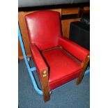 AN ART DECO OAK AND RED VINYL FIRESIDE CHAIR and a victorian chair (2)