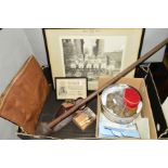 A BOX OF SUNDRIES, to include coins, banknotes, photo of Kings School, Canterbury 1920's, 1950's