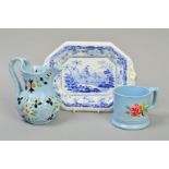 A VICTORIAN MINTON OPAQUE CHINA BLUE AND WHITE TUREEN STAND, a Victorian blue glazed pottery mug and