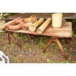 AN EARLY 20TH CENTURY PINE REFECTORY WORK TABLE ON TRIPLE TRESTLE STANDS (average plank width